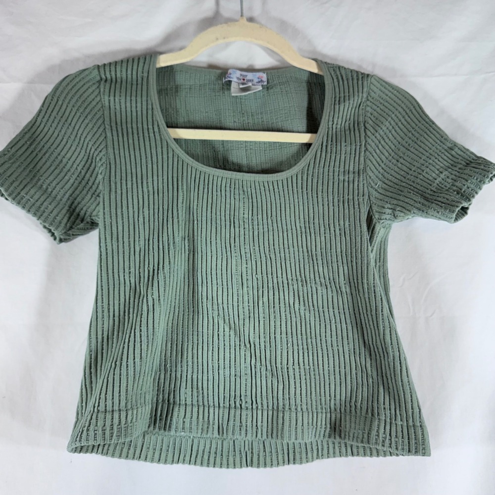 Poof New York Womens Sage Green Textured Ribbed Scoop Neck Crop Top Size M/L